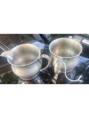 Vtg Woodbury Pewterers Pewter Creamer Sugar Bowl Set ATC Mark Early America